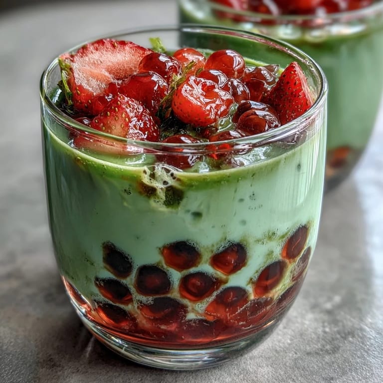 Vibrant homemade strawberry matcha boba drink featuring sweet fruit base, earthy green tea milk, and black tapioca pearls over ice.  