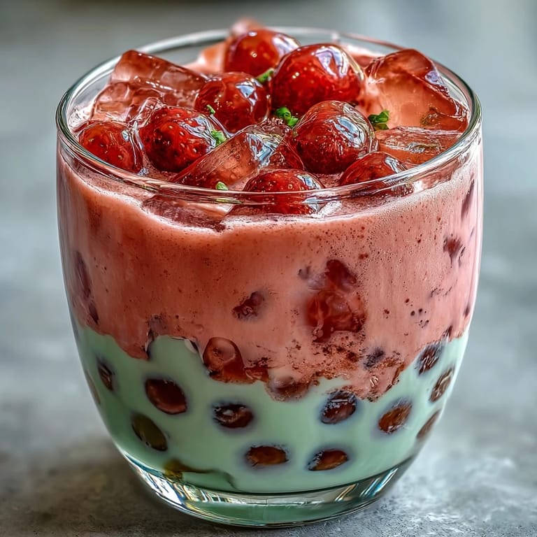 Refreshing strawberry matcha boba-inspired beverage with bright red strawberry layer, green matcha milk, and chewy pearls served with wide straws.