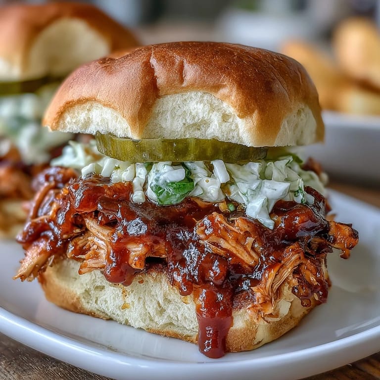 2. Juicy shredded chicken coated in smoky BBQ sauce, served on mini buns with optional coleslaw for added crunch and flavor.  