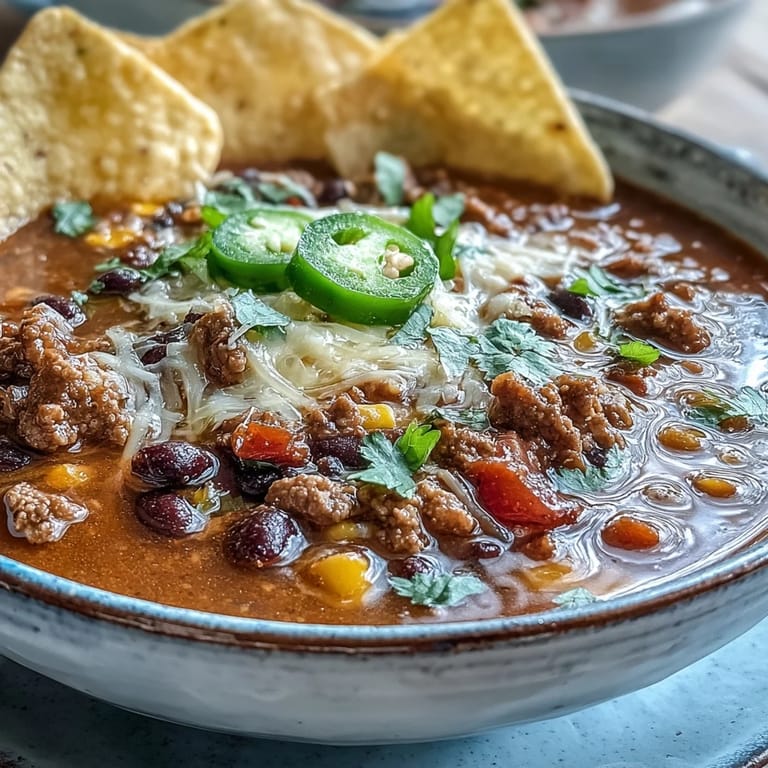 Flavorful taco soup filled with seasoned ground turkey, black beans, and diced vegetables, served with lime wedges and jalapeño slices.