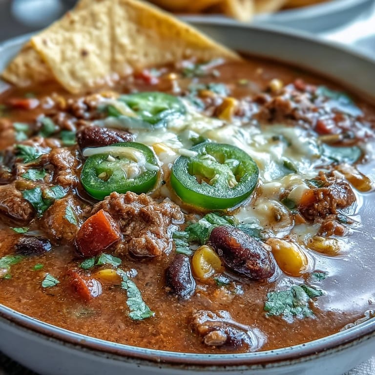Warm bowl of taco soup with tender ground beef, sweet corn, and diced tomatoes, garnished with sour cream and crispy tortilla strips.  