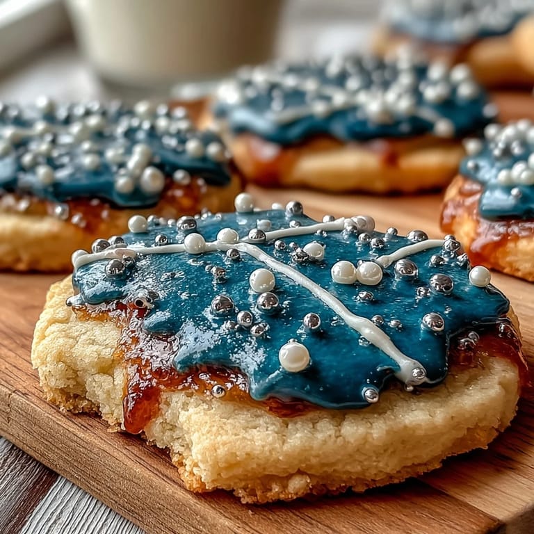 Hand-decorated sugar cookies featuring the Pisces constellation with navy blue icing, white piped stars, and shimmering edible pearls.