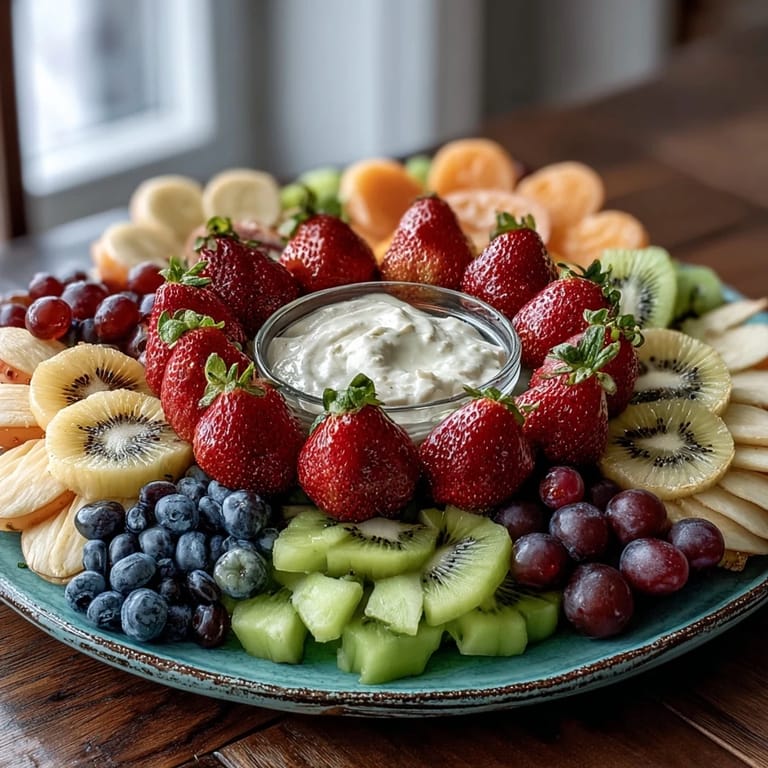 Fresh fruit arranged in concentric circles to resemble a blooming flower, featuring melon, kiwi, blueberries, and citrus, with creamy yogurt dip at the center.