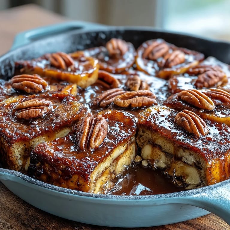 Southern-style candied yams in a skillet, tender slices glazed with brown sugar, cinnamon, and nutmeg for a warm, comforting side.