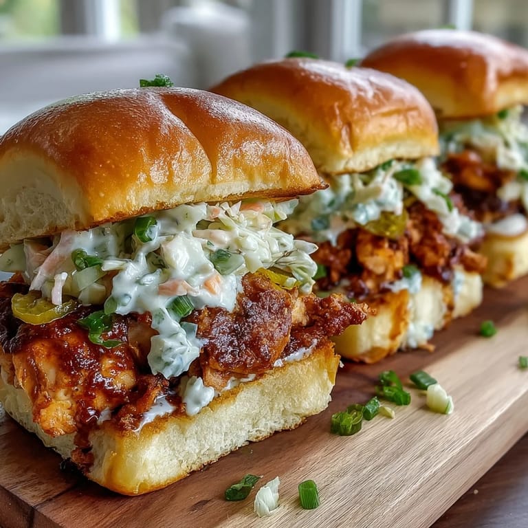 Mississippi Chicken Sliders with creamy coleslaw: Succulent chicken simmered in bold seasonings, nestled in slider buns and finished with crunchy, tangy cabbage slaw.