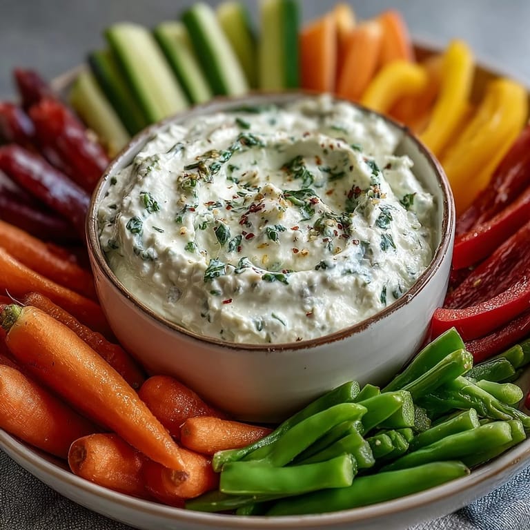 Whipped cottage cheese ranch dip with crisp vegetable sticks, perfect for healthy snacking or party platters.