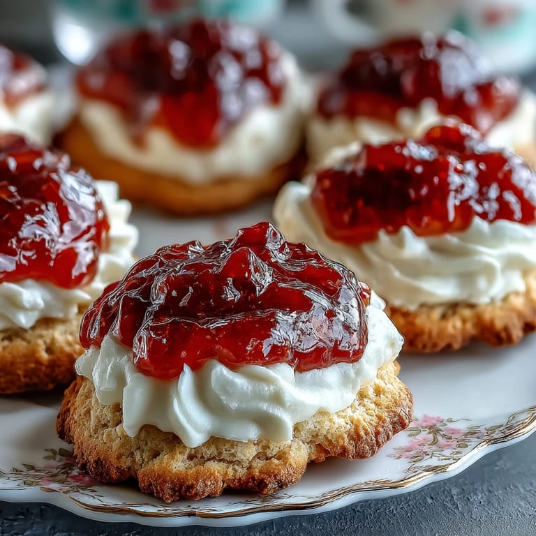 Buttery thumbprint cookies filled with clotted cream and strawberry jam, perfect for afternoon tea.