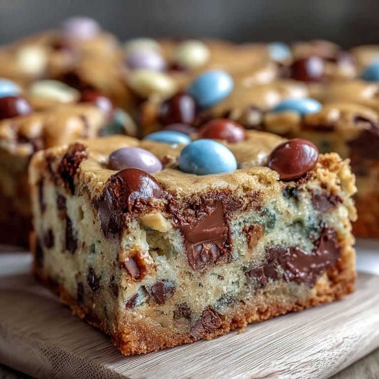 Chewy dessert bars loaded with colorful Cadbury mini eggs and pastel M&Ms, ideal for festive spring baking.