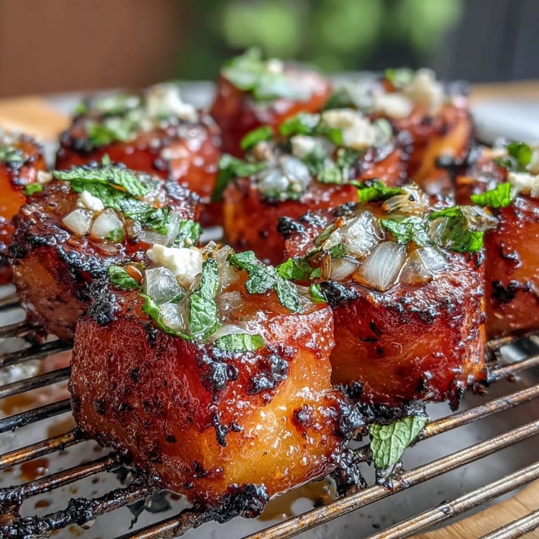 Sweet grilled watermelon paired with tangy feta and aromatic mint, a vibrant summer salad for warm days.