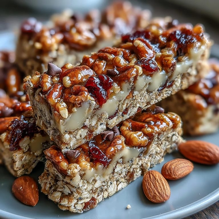A stack of chewy No-Bake Granola Energy Bars packed with wholesome oats, nuts, and dried fruit, perfect for on-the-go energy.
