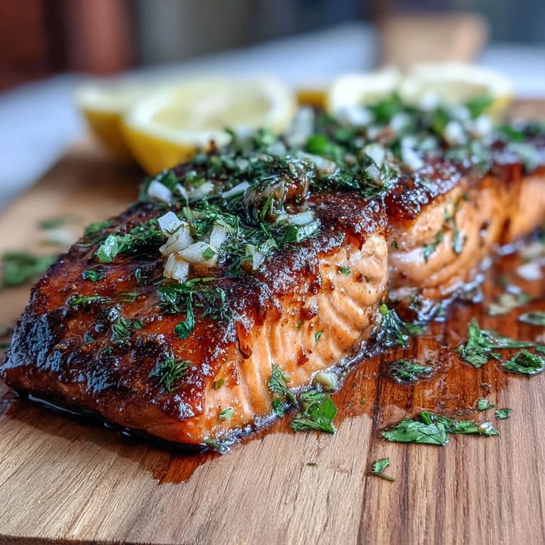 Freshly grilled salmon on cedar plank, infused with lemon and dill, offers a tender, flaky texture and summery appeal.