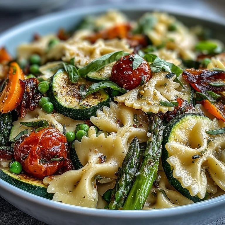 Vibrant vegetable pasta primavera featuring crisp bell peppers, asparagus, and basil, perfect for a healthy spring dinner.