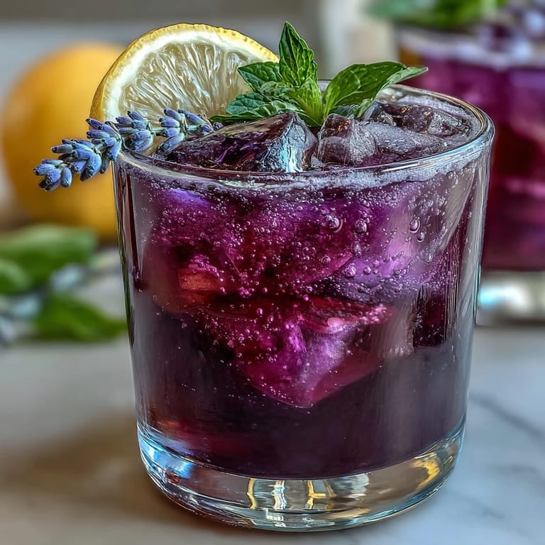 Beautifully layered Purple Rain Lavender Lemonade Refresher showcasing floral lavender notes, zesty lemon, and deep purple color, perfect for summer entertaining.