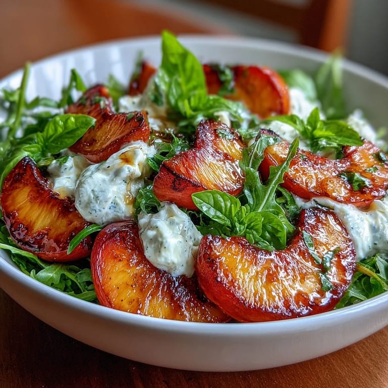 A colorful summer salad with caramelized peaches, torn burrata, and fragrant basil, finished with honey and balsamic glaze.