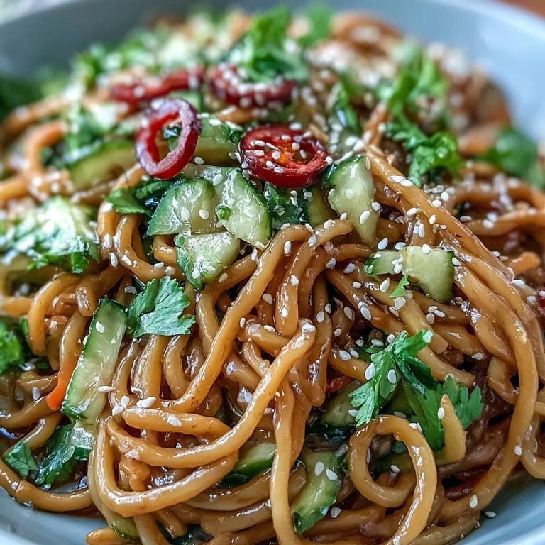 Refreshing cold sesame noodle bowl topped with crisp cucumber, carrots, and fresh herbs, drizzled in savory sesame dressing.  