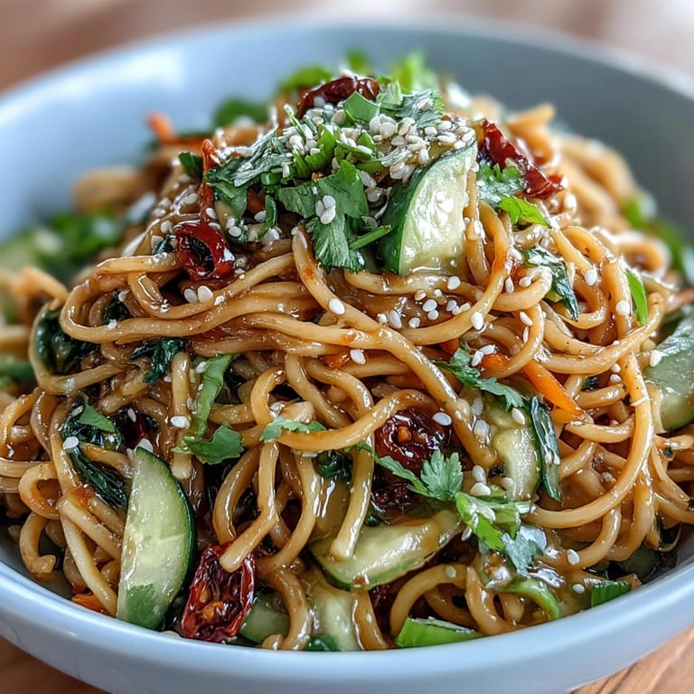 Chilled sesame noodle bowl with crunchy cucumber, julienned carrots, and a silky sesame sauce, garnished with sesame seeds and chili.