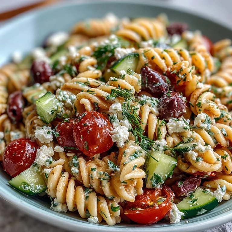 Vibrant Greek pasta salad with olives, feta, and fresh herbs—perfect for warm weather picnics or potlucks.