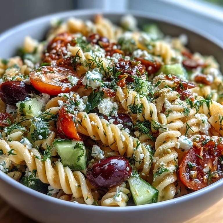 Colorful Greek-style pasta salad featuring al dente noodles, briny olives, and tangy feta, drizzled with herb dressing.