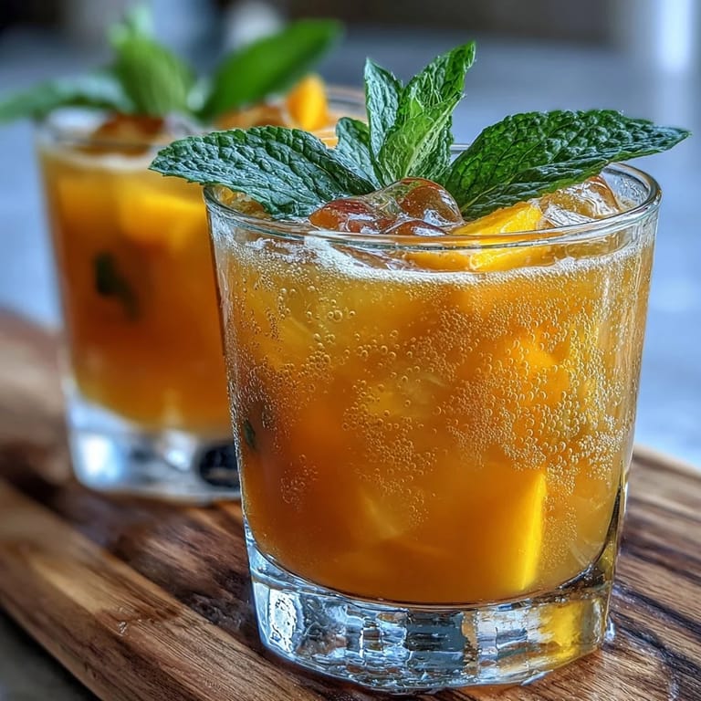 Vibrant mango and peach puree blended with chilled tea and sparkling water, served over ice with fresh mint.
