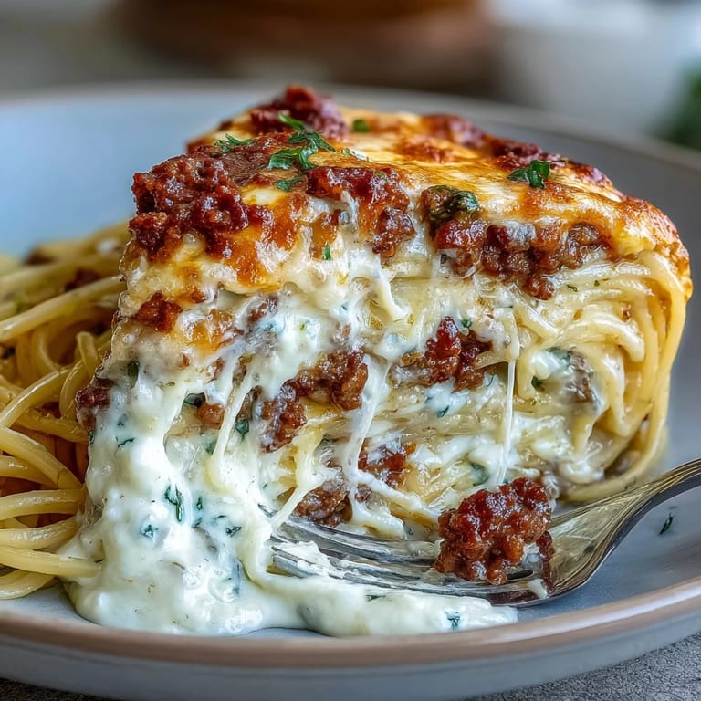 Indulgent Million Dollar Spaghetti casserole featuring creamy Alfredo, savory beef and sausage sauce, and bubbling cheese topping.