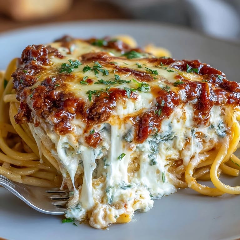 Hearty Million Dollar Spaghetti baked to perfection with layers of spaghetti, rich meat sauce, and creamy ricotta mixture.
