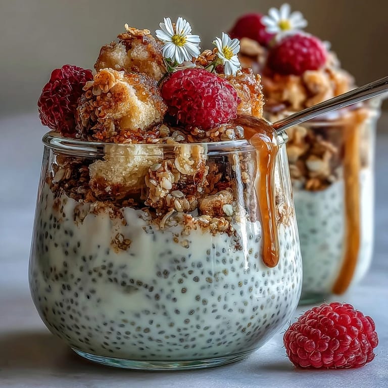 A vibrant breakfast parfait featuring lemon chia pudding, fresh raspberries, and granola for a refreshing start.  