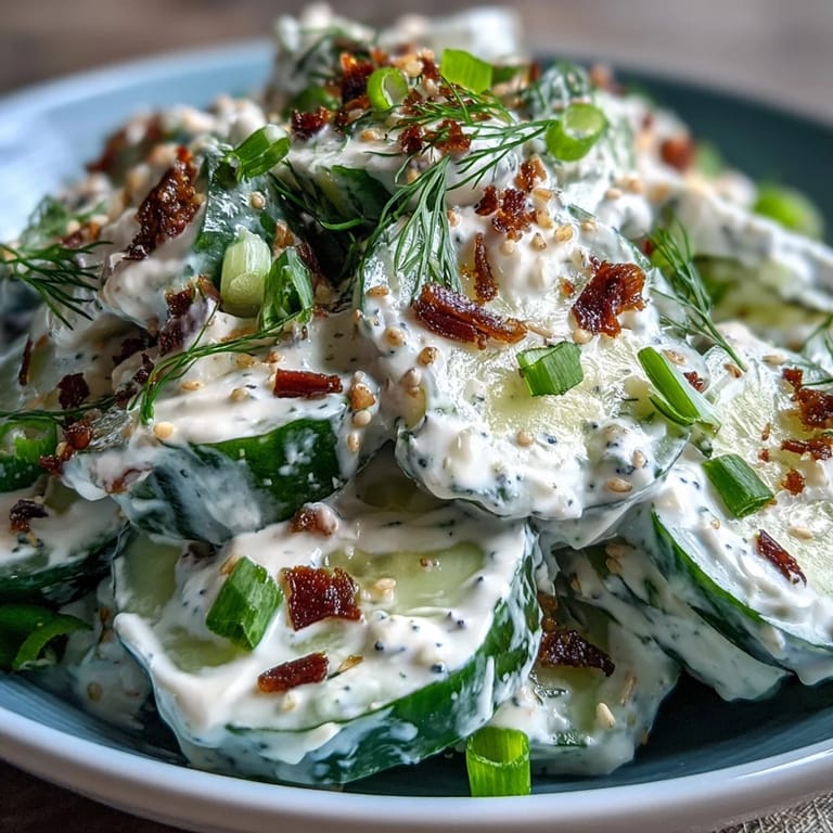 Close-up of TikTok Cucumber Salad with Everything Bagel Dressing, showcasing the vibrant green cucumbers and creamy dressing flecked with sesame and poppy seeds.