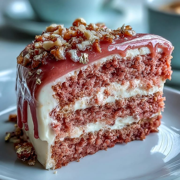 Elegant pink rosé velvet cake topped with cream cheese frosting and shimmering gold drip, perfect for bridal showers.