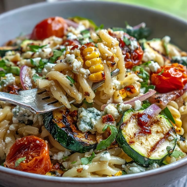 Colorful summer pasta salad featuring smoky grilled zucchini, fresh corn, and tangy Cotija cheese tossed with cherry tomatoes.  