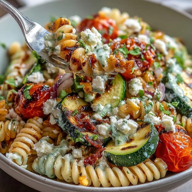 Fresh vegetarian pasta salad with charred zucchini, sweet corn, and creamy Cotija cheese, perfect for picnics or barbecues.