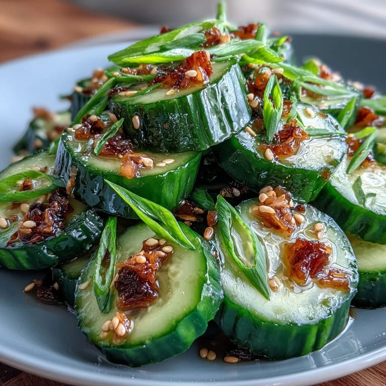 Refreshing smashed cucumber salad tossed in tangy rice vinegar and garnished with sesame seeds.