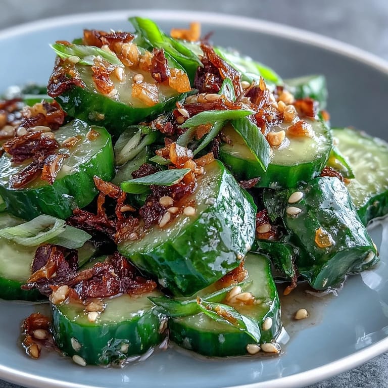 Vibrant smashed cucumber salad with scallions and chili oil, perfect as a vegan side dish.