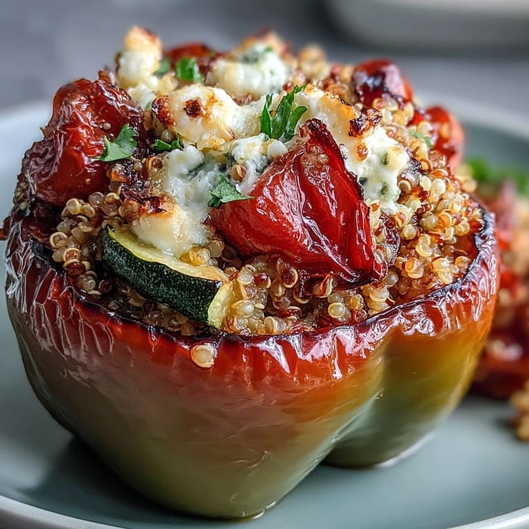 Healthy quinoa stuffed peppers bursting with roasted veggies and herbs, finished with golden goat cheese for a colorful gluten-free main dish.