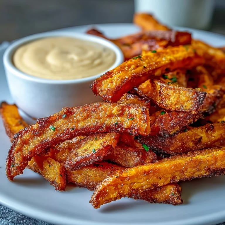 Golden air fryer sweet potato fries served with a spicy chipotle aioli.