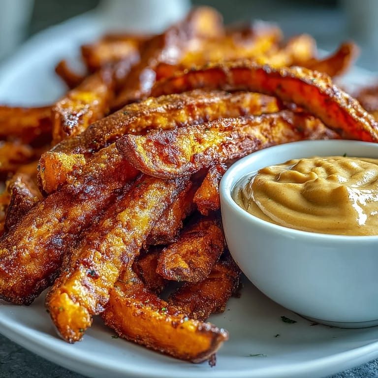 Golden-brown air fryer sweet potato fries, perfect for dipping in aioli.