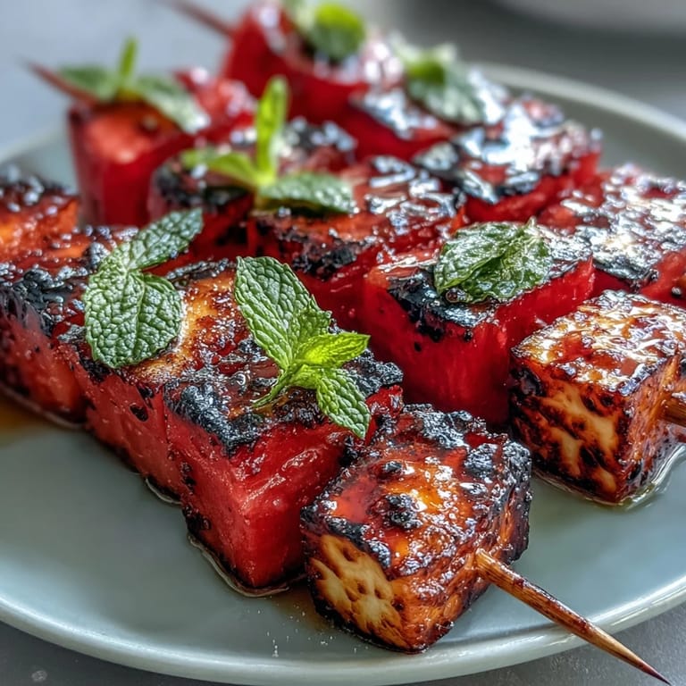 Salty-sweet grilled halloumi watermelon skewers with a refreshing mint finish.