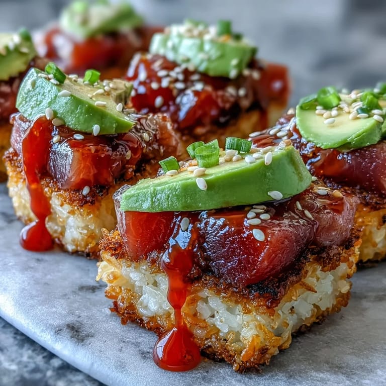 Viral appetizer featuring Spicy Tuna Crispy Rice Bites with avocado and a creamy drizzle.