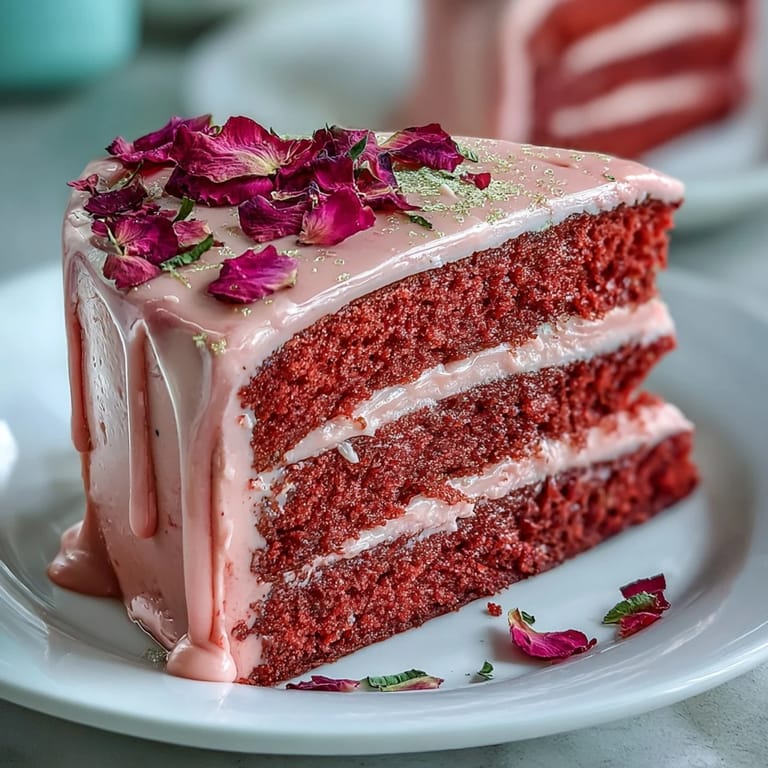 Moist Bridal Shower Rosé Velvet Cake adorned with a delicate edible gold glaze.