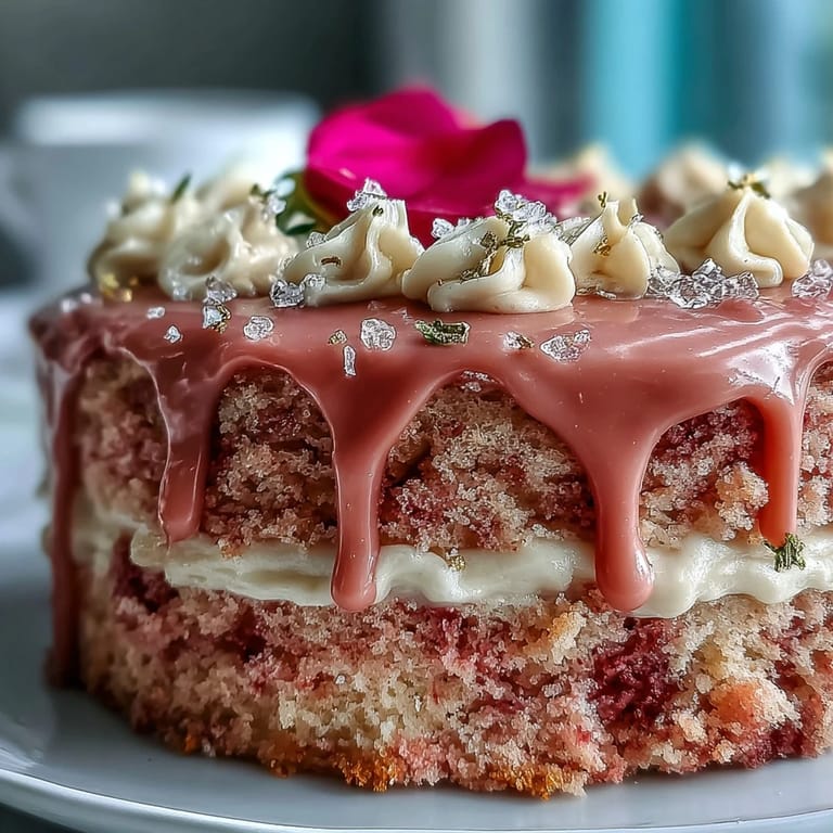 Decadent Rosé Velvet Cake, beautifully frosted and cascading with shimmering gold accents.
