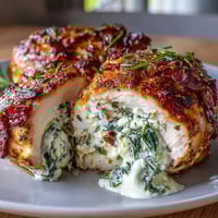 Spinach and feta stuffed chicken breasts baked to golden perfection with juicy chicken and creamy filling.  
