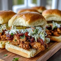 Crockpot Mississippi Chicken Sliders with Coleslaw: Tender shredded chicken slow-cooked in zesty ranch and au jus, piled high on soft buns with tangy coleslaw for a hearty party bite.
