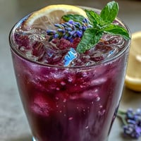 Refreshing Purple Rain Lavender Lemonade Refresher with vibrant purple hue and citrus aroma, garnished with fresh lavender sprigs and lemon slices.