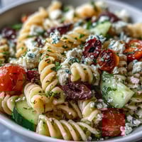 Fresh summer pasta salad Greek style with juicy tomatoes, crisp cucumbers, and creamy feta in every bite.