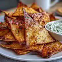 Golden-baked pita chips arranged beside a bowl of creamy tzatziki dip, garnished with fresh dill.