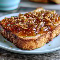 Bright yellow dandelion jelly spread on warm toast, with a delicate floral aroma and smooth, glossy texture.