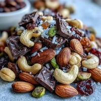 Homemade trail mix with dark chocolate features crunchy almonds, cashews, and sweet dried fruits in a wholesome snack blend.