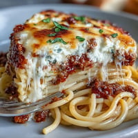 Baked Million Dollar Spaghetti with layers of pasta, creamy cheese blend, and rich meat sauce topped with golden mozzarella.