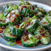 Crispy smashed cucumber salad with garlic, chili oil, and sesame dressing for bold flavor.