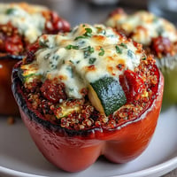 Vibrant quinoa stuffed bell peppers with roasted vegetables and creamy goat cheese, baked until tender for a wholesome vegetarian meal.  