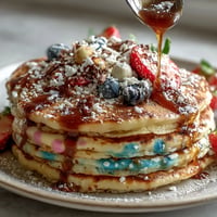 Festive Easter Egg Pancakes decorated with colorful glaze and sprinkles, perfect for a fun family breakfast.  